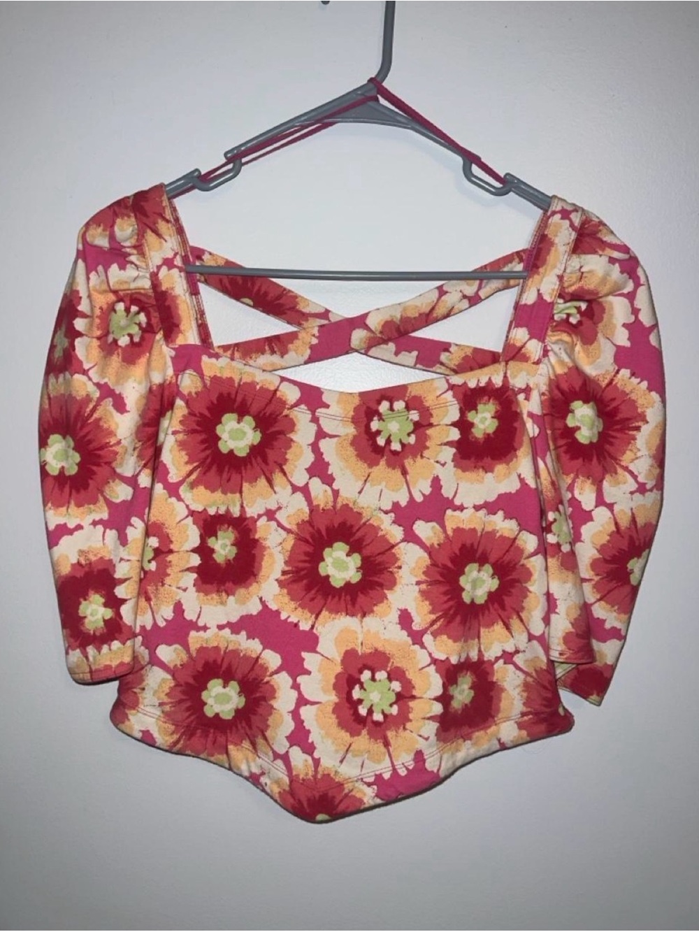 Free People Pink Floral Square-Neck Top with Crisscross Straps